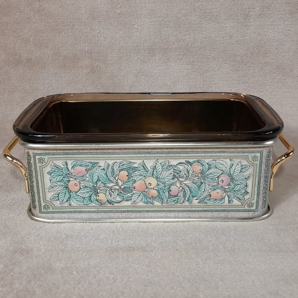PYREX 213 Brown Glass Loaf Pan Dish With Tin Metal Caddy Carrier Server 1.5QT - Picture 1 of 11